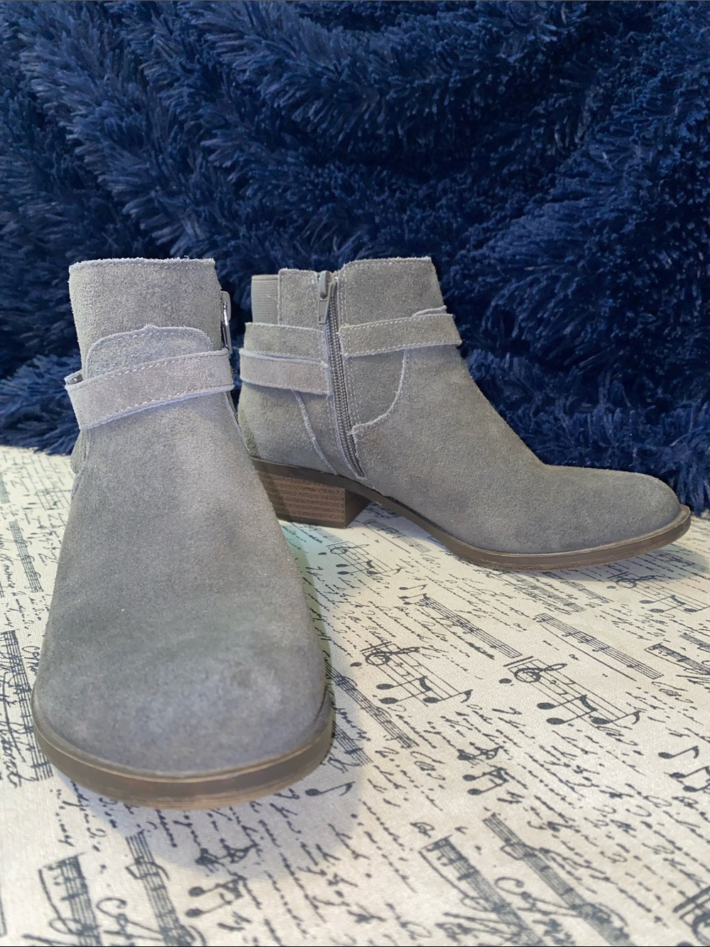 Kensie Grey Suede Ankle Booties with Low Stacked Heel